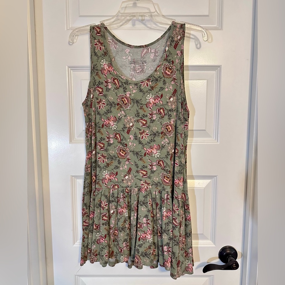 Latched Mama Olive Green Ribbed Ruffle Tunic Tank Top with Pink Floral Print